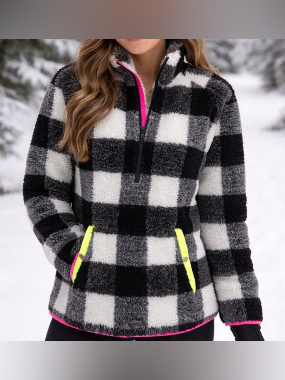Vineyard Vines Black & White Buffalo Check Sherpa Pullover Neon Trim Size S